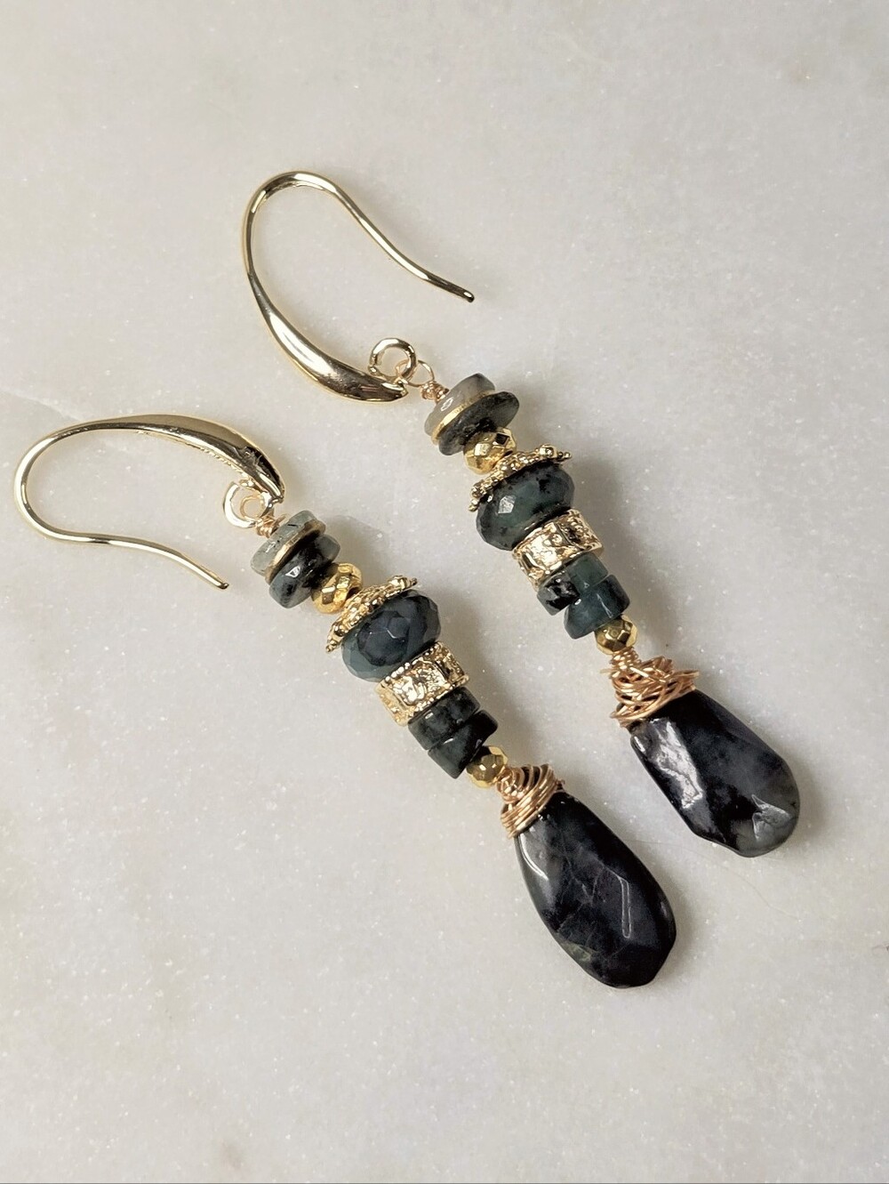 Natural Stacked Zambian Emerald In Artisan HandMade Gold Plated Earrings